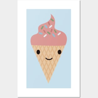 Cute Kawaii Strawberry Ice Cream Cone Posters and Art